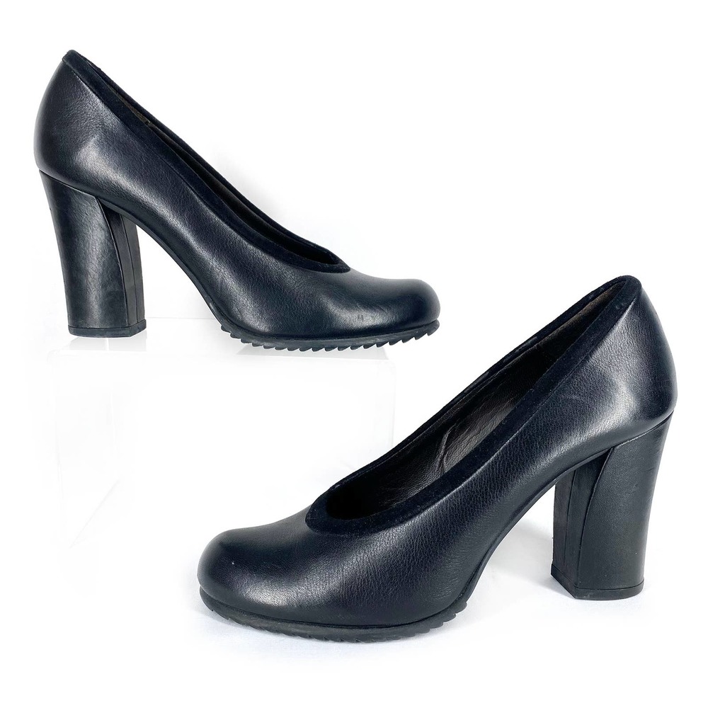 Audley Black Leather Pumps High Heel Chunky Round Toe Formal 7.5